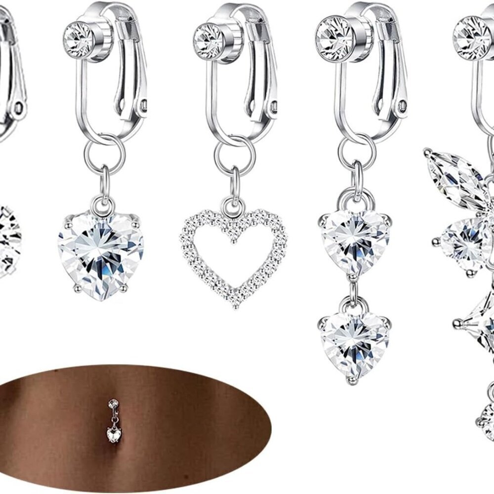 Fake Belly Ring Set 5Pcs Stainless Steel with Cubic Zirconia Clip On for Women